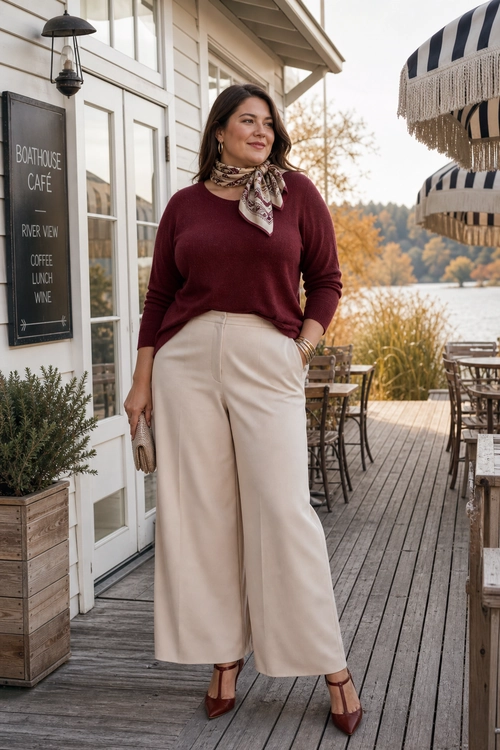 Burgundy Sweater with Cream Wide-Leg Trousers A woman wears a burgundy sweater with cream wide-leg trousers, a patterned neck scarf, a clutch, and brown heels.