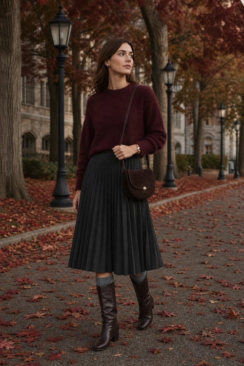 Burgundy Sweater and Pleated Skirt Woman wearing a burgundy sweater, dark pleated midi skirt, brown knee-high boots, and a matching crossbody bag on an autumn walkway.