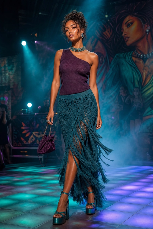 Burgundy Top and Teal Fringe Skirt Outfit A woman wears a burgundy one-shoulder top with a teal fringed skirt, platform sandals, statement jewelry, and a small burgundy handbag.