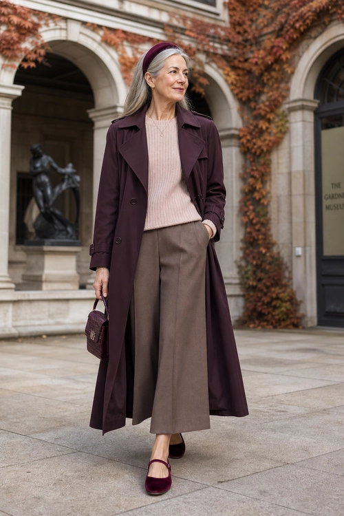 Burgundy Trench and Wide-Leg Trousers A woman wears a burgundy trench coat with a pale pink knit sweater, taupe wide-leg trousers, burgundy flats, a matching headband, and a small handbag.