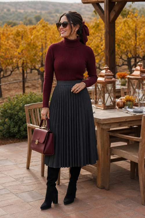 Burgundy Turtleneck and Pleated Skirt Woman wearing a burgundy ribbed turtleneck with a charcoal pleated midi skirt, black heeled boots, sunglasses, a matching hair bow, and a burgundy handbag.