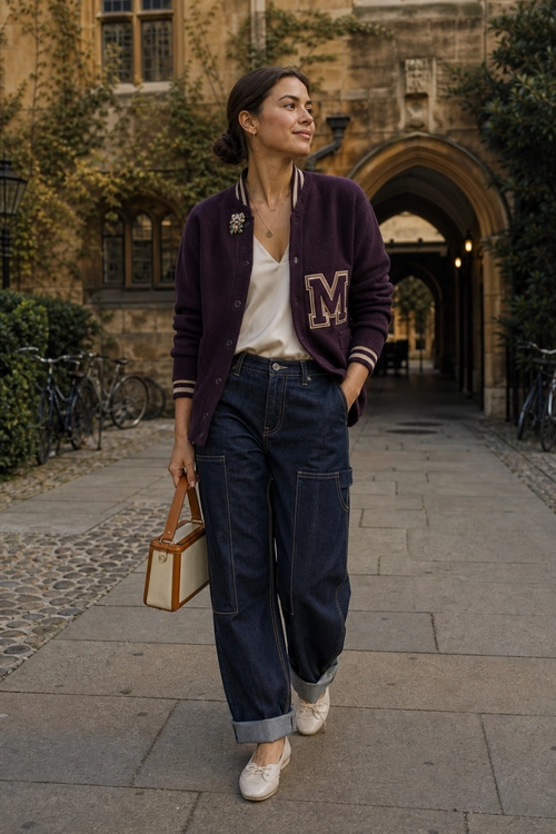Burgundy Varsity Cardigan and Cuffed Jeans A woman wears a burgundy varsity cardigan over a cream top with cuffed dark jeans and white shoes.