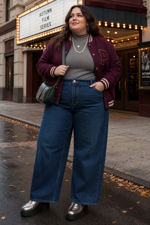 Burgundy Varsity Cardigan Outfit A burgundy varsity cardigan layered over a gray top with wide-leg blue jeans, silver platform loafers, layered necklaces, hoop earrings, and a black shoulder bag.