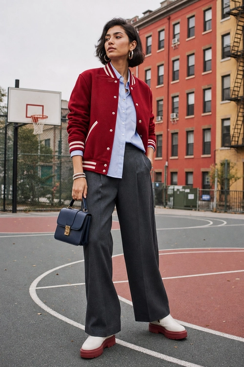 Burgundy Varsity Jacket Outfit A burgundy varsity jacket layered over a light blue shirt with charcoal wide-leg trousers, burgundy platform loafers, and a navy handbag.