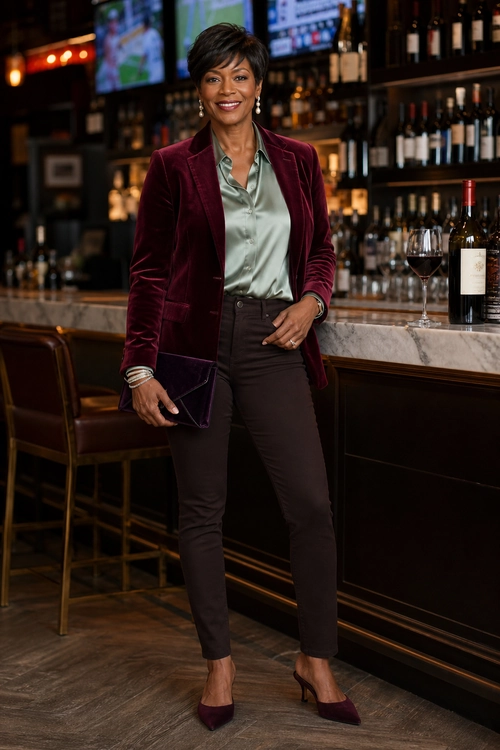 Burgundy Velvet Blazer Outfit A woman wears a burgundy velvet blazer with a sage satin blouse, dark slim trousers, burgundy pointed heels, and a dark clutch.
