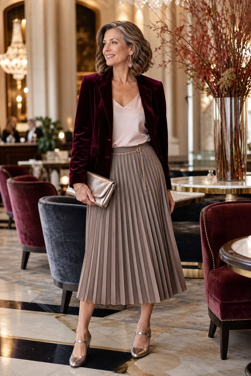 Burgundy Velvet Blazer Outfit Woman wearing a burgundy velvet blazer with a blush top, taupe pleated midi skirt, metallic clutch, and metallic heels.