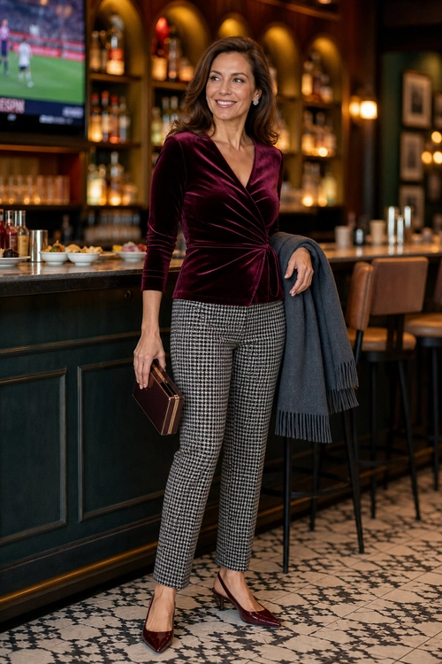 Woman wearing a burgundy velvet wrap top with houndstooth trousers, burgundy heels, a clutch, and a dark fringed wrap in a bar setting.