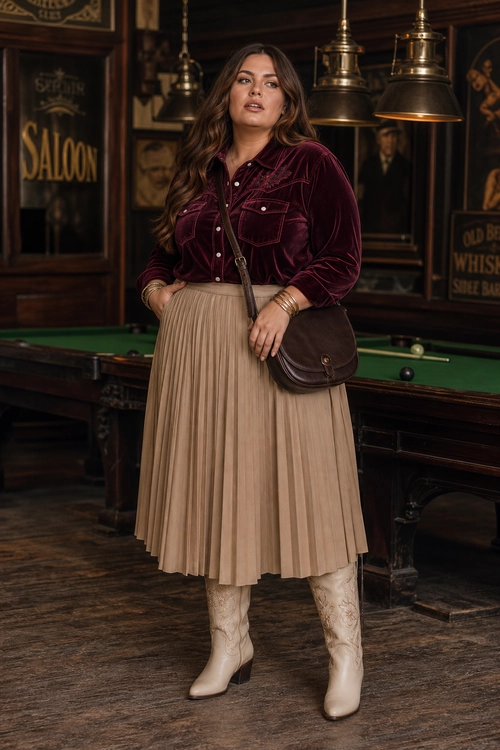 A woman wears a burgundy velvet western-style shirt with a beige pleated midi skirt, cream knee-high boots, a dark brown crossbody bag, and gold bangles.