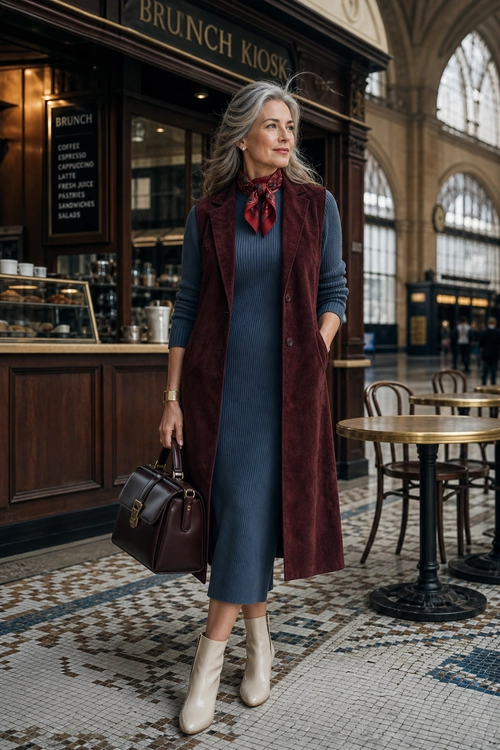 Burgundy Vest and Blue Knit Dress A woman wears a burgundy long vest over a blue ribbed midi dress with a neck scarf, cream ankle boots, and a structured handbag.
