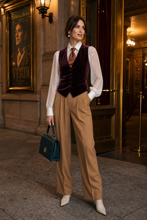 Burgundy Vest and Camel Trousers A tailored outfit featuring a burgundy velvet vest, sheer white blouse, camel wide-leg trousers, white pointed boots, and a structured teal handbag.