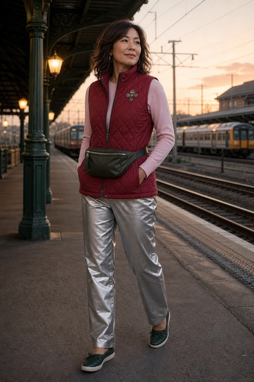 A woman wears a burgundy quilted vest over a pink long-sleeve top with metallic silver pants, a black waist bag, and dark green slip-on sneakers.