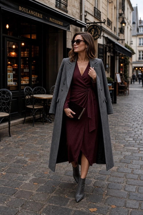 Burgundy Wrap Dress and Gray Coat A woman wears a burgundy wrap dress with a long gray coat, black ankle boots, sunglasses, and a black clutch on a cobblestone street.
