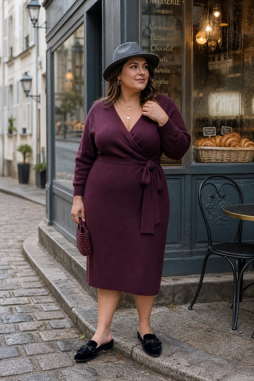 Burgundy Wrap Dress A woman wears a burgundy wrap midi dress with a gray hat, black loafers, and a small burgundy handbag.