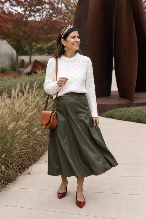 Woman wearing a white cable knit sweater with an olive green midi skirt, brown crossbody bag, patterned headband, hoop earrings, and burgundy pointed-toe shoes.