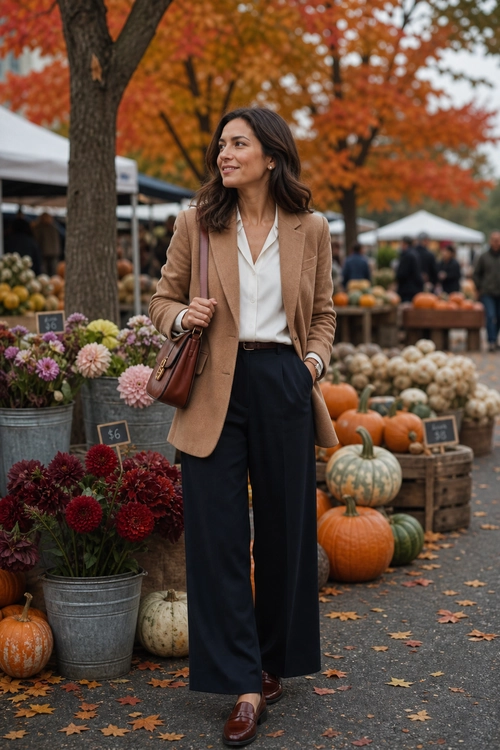 Camel Blazer Autumn Outfit A woman wears a camel blazer, white blouse, dark wide-leg trousers, brown loafers, and a brown shoulder bag at an autumn market.