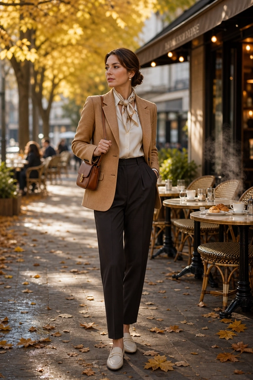 Camel Blazer Café Outfit A woman walks along an autumn café-lined street wearing a camel blazer, cream blouse, patterned neck scarf, dark tailored trousers, white loafers, and a brown shoulder bag.