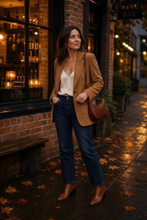 Camel Blazer and Dark Denim A woman wears a camel blazer over a cream camisole with dark straight-leg jeans, brown ankle boots, and a brown shoulder bag outside a wine bar.