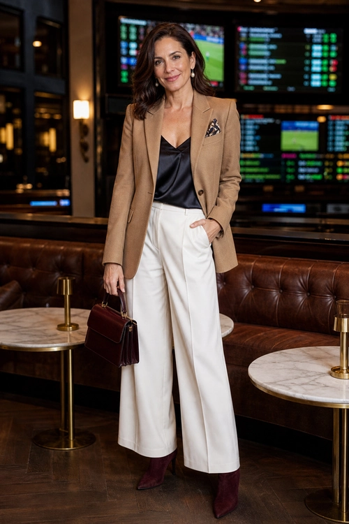 Woman wearing a camel blazer over a black satin camisole with white wide-leg trousers, burgundy boots, and a matching handbag.
