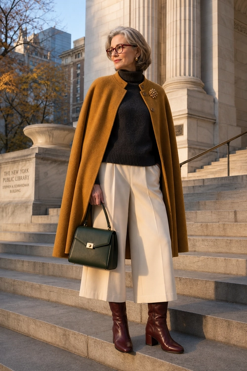 A polished outfit featuring a camel cape coat, black turtleneck sweater, cream culottes, burgundy knee-high boots, and a structured dark green handbag.
