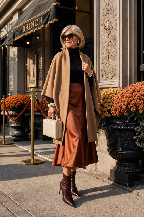 A woman wears a camel cape over a black turtleneck with a rust satin midi skirt, burgundy ankle boots, sunglasses, and a cream top-handle bag.