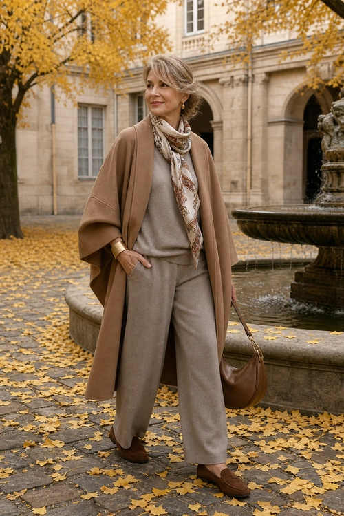 Camel Cape and Taupe Trousers A woman wears a camel cape coat with taupe wide-leg trousers, a patterned scarf, brown loafers, and a brown shoulder bag.