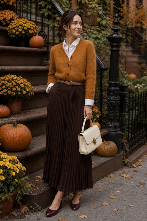 Camel Cardigan and Pleated Skirt A woman wears a camel cardigan over a white collared shirt with a dark brown pleated skirt, belt, cream handbag, and burgundy flats.