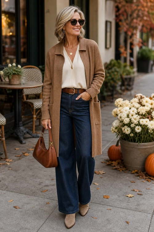 Camel Cardigan and Wide-Leg Jeans Woman wearing a long camel cardigan over a cream top with dark wide-leg jeans, beige boots, sunglasses, and a brown shoulder bag.