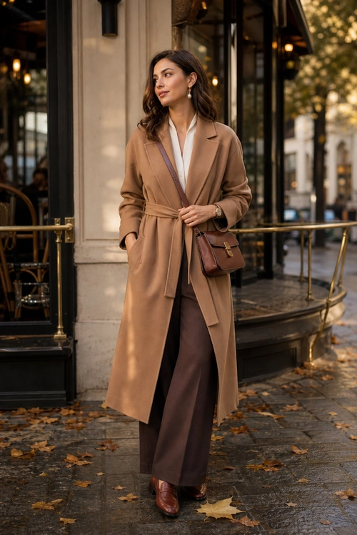 Camel Coat City Outfit A woman wears a camel belted coat over a white blouse with brown wide-leg trousers, a brown shoulder bag, and brown leather shoes.