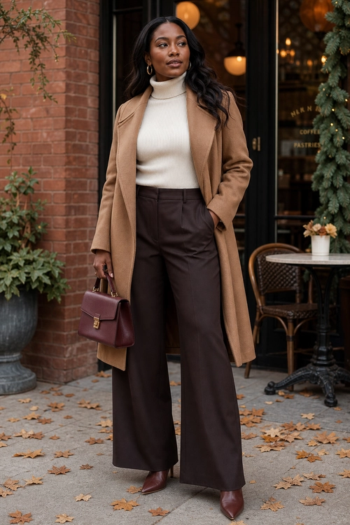 Woman wearing a camel coat over a cream turtleneck with dark brown wide-leg trousers, burgundy pointed boots, and a burgundy handbag.