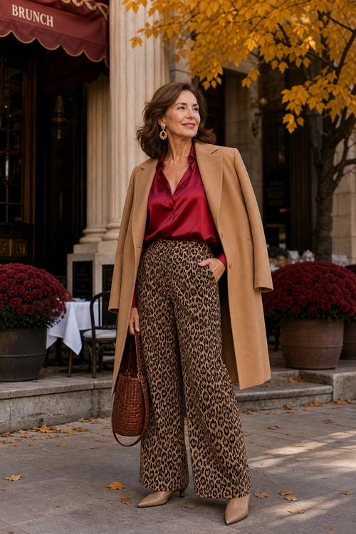 A woman wears a camel coat over a burgundy blouse with leopard-print wide-leg trousers, tan pointed boots, a brown handbag, and gold earrings.
