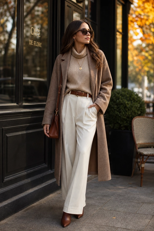 A woman wears a long camel coat over a beige turtleneck sweater with cream wide-leg trousers, a brown belt, brown shoulder bag, sunglasses, and brown pointed boots.