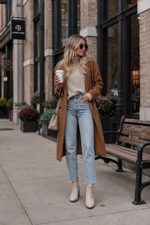 Camel Coat and Light Denim Outfit A woman wears a camel coat over a beige sweater with light blue cropped jeans, cream ankle boots, sunglasses, and a taupe shoulder bag on a city sidewalk.