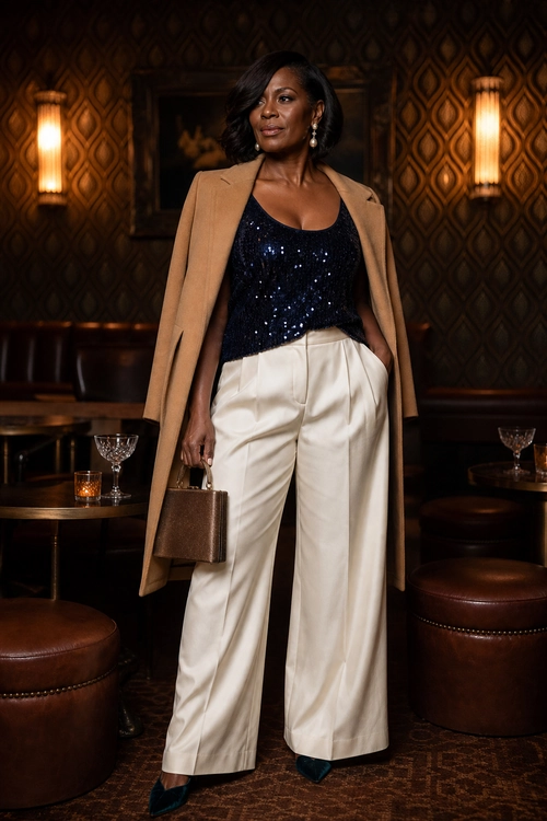 Camel Coat Evening Look A woman wears a camel coat draped over her shoulders with a dark sequined top, cream wide-leg trousers, pointed heels, drop earrings, and a structured clutch.