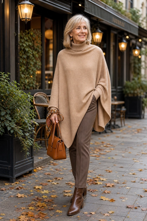 Camel Poncho Outfit A woman wears a camel turtleneck poncho with brown trousers, brown ankle boots, and a tan handbag.