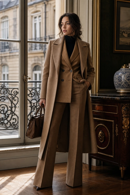 Camel Tailoring with a Long Coat A woman wears a camel long coat over a matching double-breasted blazer and wide-leg trousers with a black turtleneck and brown leather handbag.
