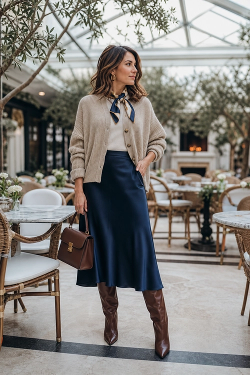 Polished Cardigan and Satin Skirt A woman wears a beige cardigan over a light top with a navy satin midi skirt, brown knee-high boots, a neck scarf, and a structured handbag.