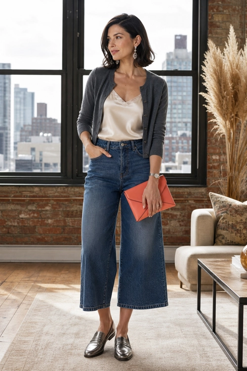 A woman wears a gray cardigan over an ivory camisole with high-waisted cropped wide-leg jeans, black loafers, and a coral clutch.