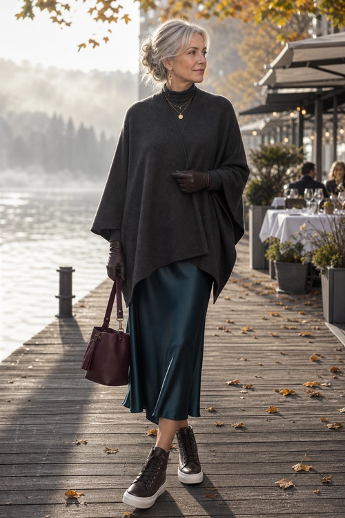 A woman wears a charcoal poncho over a dark turtleneck with a teal midi skirt, leather gloves, a burgundy handbag, pendant necklaces, and dark high-top sneakers.