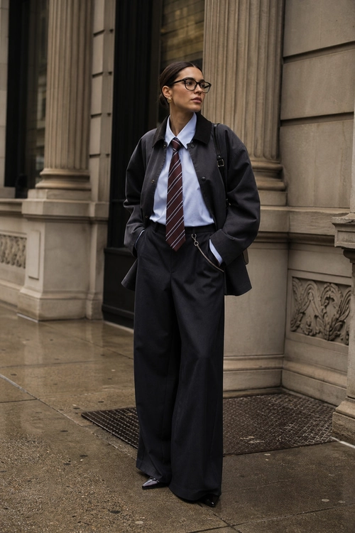 Charcoal Suit with Striped Tie A person wears an oversized charcoal suit with wide-leg trousers, a light blue dress shirt, burgundy striped tie, black shoes, and eyeglasses.