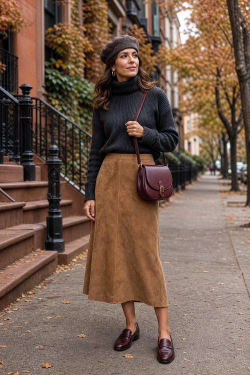 A woman wears a charcoal turtleneck sweater with a camel midi skirt, brown beret, burgundy crossbody bag, and burgundy loafers on an autumn sidewalk.
