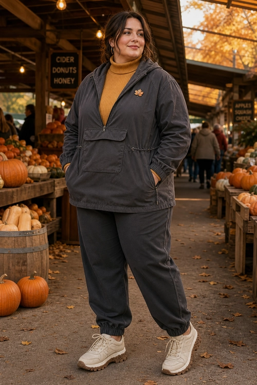 Charcoal Utility Outfit with Mustard Turtleneck A person wears a charcoal hooded utility jacket and matching jogger pants over a mustard turtleneck with cream sneakers at an outdoor autumn market.