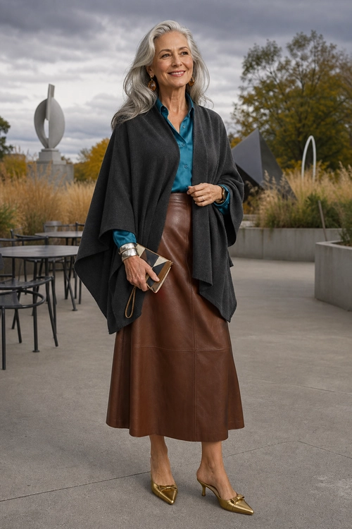A woman wears a charcoal wrap over a teal blouse with a brown leather midi skirt, gold pointed heels, and a small clutch.