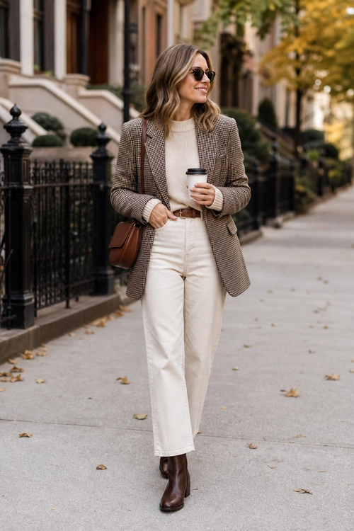 Woman wearing a checked blazer, cream knit sweater, cream jeans, brown ankle boots, sunglasses, and a brown shoulder bag while holding a coffee cup.