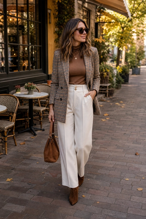 Checked Blazer and Cream Trousers A woman wears a checked blazer over a brown turtleneck with cream wide-leg trousers, brown ankle boots, sunglasses, and a brown handbag.