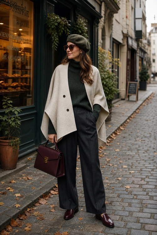 A woman wears a cream cape coat over a dark green turtleneck with charcoal wide-leg trousers, a green beret, sunglasses, burgundy loafers, and a structured burgundy handbag.