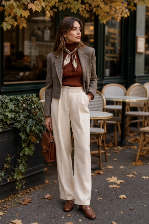 Classic Autumn Cafe Outfit Woman wearing a cropped tweed blazer, rust knit top, silk neck scarf, cream wide-leg trousers, brown loafers, and a brown handbag outside a cafe.