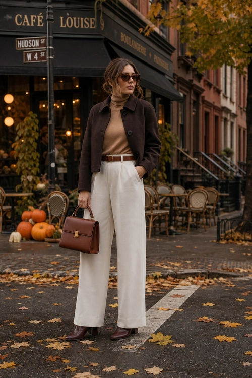 Classic Autumn City Outfit A woman wears a dark cropped jacket, camel turtleneck, cream wide-leg trousers, brown belt, sunglasses, and a structured brown handbag on an autumn city street.