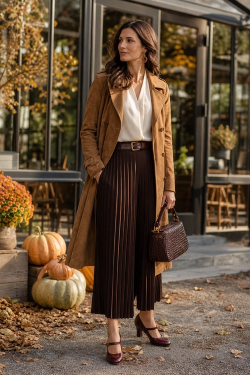 Woman wearing a camel trench coat, white blouse, brown pleated midi skirt, belt, burgundy heels, and a woven handbag in an autumn setting.