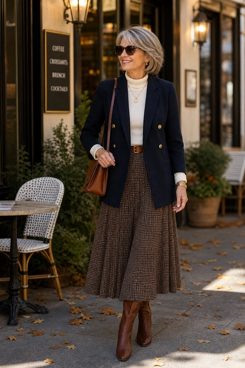 Classic Blazer and Midi Skirt Outfit A woman wears a navy double-breasted blazer with a cream turtleneck, brown checked midi skirt, brown boots, sunglasses, and a shoulder bag.