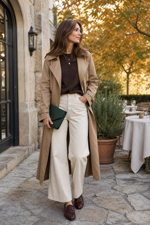 Classic Trench Coat Outfit A woman wears a tan trench coat over a dark top with cream wide-leg trousers, burgundy loafers, layered necklaces, and a dark green clutch.